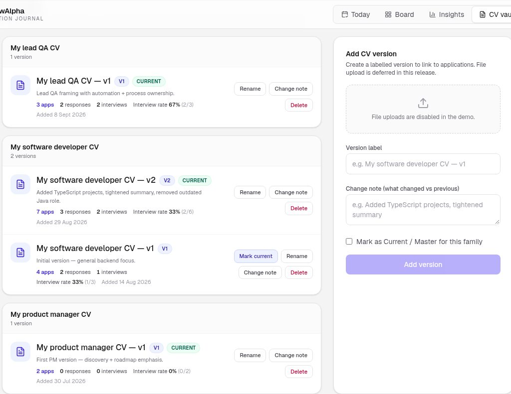 InterviewAlpha CV Vault with version labels, change notes, and interview rates